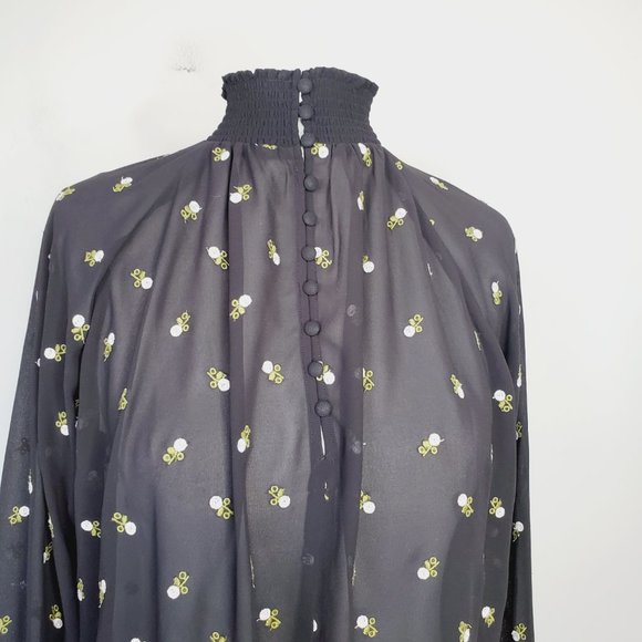 CABI Cottagecore Embroidered Floral Black Chiffon Top Blouse - Picture 5 of 10
